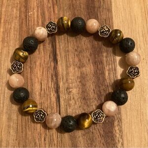 Handmade Beaded Bracelet w/ Tigers Eye, Sunstone, and Lava Stone